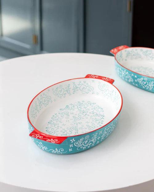 Floral Lace Oval Blue Baking Dish - Large