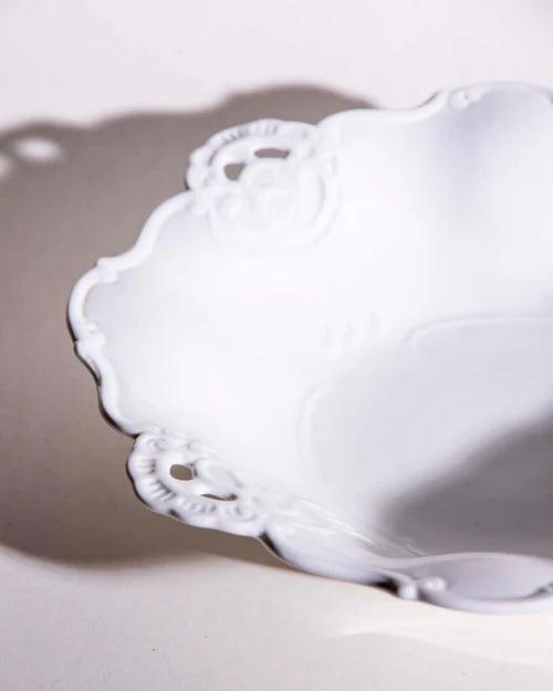 All White Embossed Footed Fruit Bowl