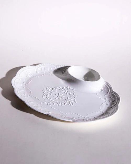 All White Embossed Chip n Dip Platter - small
