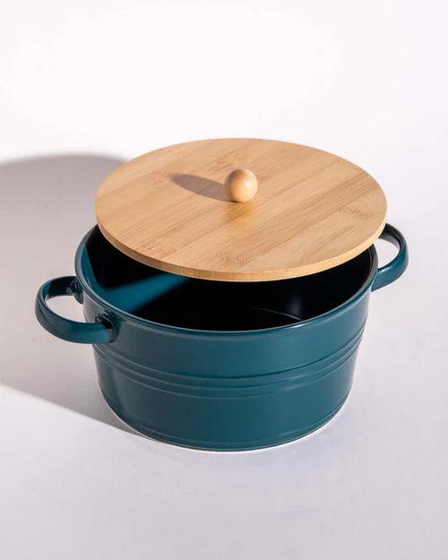 Enameled Buffet Casserole with Wood Lid, Green - Large
