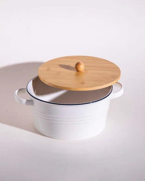 Enameled Buffet Casserole with Wood Lid, White - Large