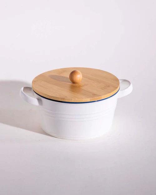 Enameled Buffet Casserole with Wood Lid, White - Medium