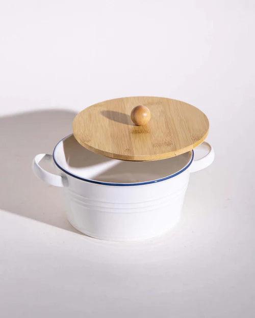 Enameled Buffet Casserole with Wood Lid, White - Medium