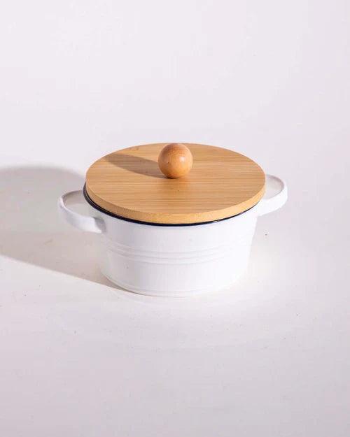 Enameled Buffet Casserole with Wood Lid, White - Small