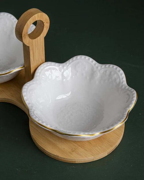 Wavy Edge Embossed Serving Bowls With Wooden Stand - White