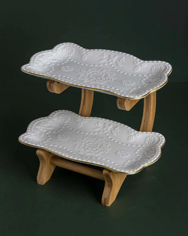 Wavy Edge 2 Tire Serving Platter With Wooden Stand - White