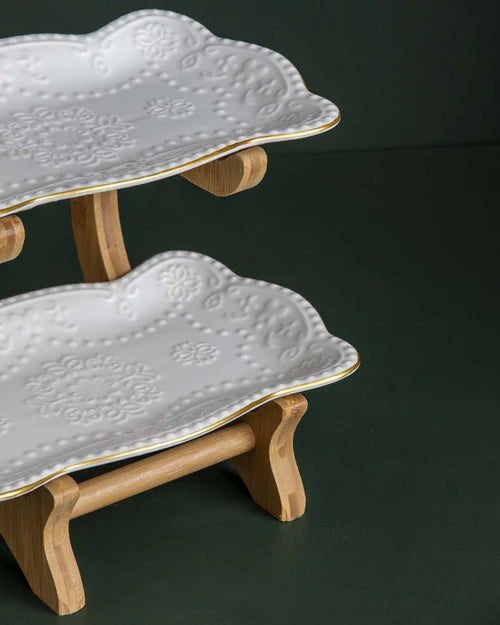 Wavy Edge 2 Tire Serving Platter With Wooden Stand - White