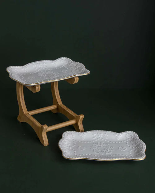 Wavy Edge 2 Tire Serving Platter With Wooden Stand - White