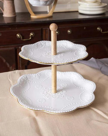 Wave Edge Embossed 2 Tire Cake Stand - White