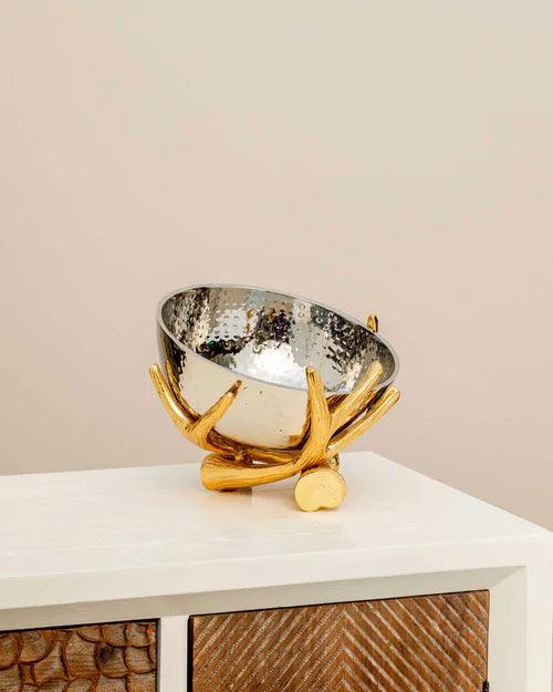 Metallic Silver Bowl With Rustic Gold Twig Stand - Large