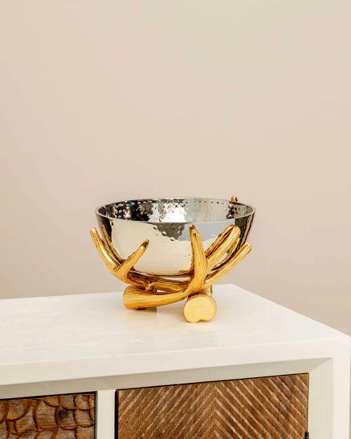 Metallic Silver Bowl With Rustic Gold Twig Stand - Large