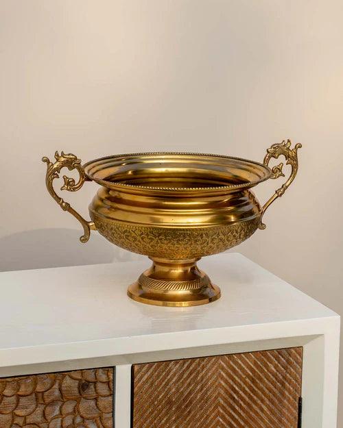 Embossed Round Brass Bowl with Handle - 10"