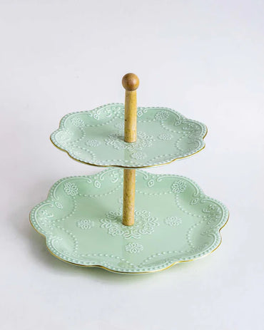 Wave Edge Embossed 2 Tire Cake Stand - Green