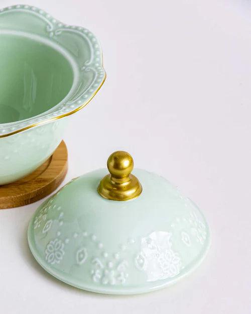 Wavy Edge Dessert Bowl With Lid - Green