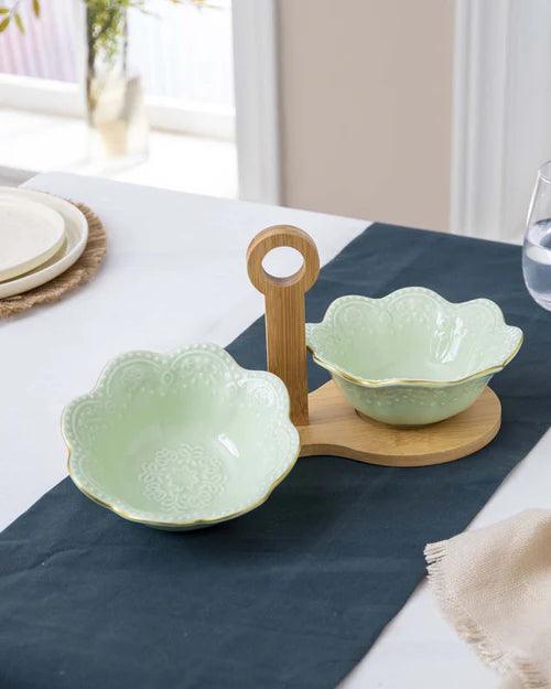 Wavy Edge Embossed Serving Bowls With Wooden Stand - Green