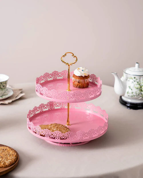 'Lacing Elegance' 2-Tier Cake Stand - Pink