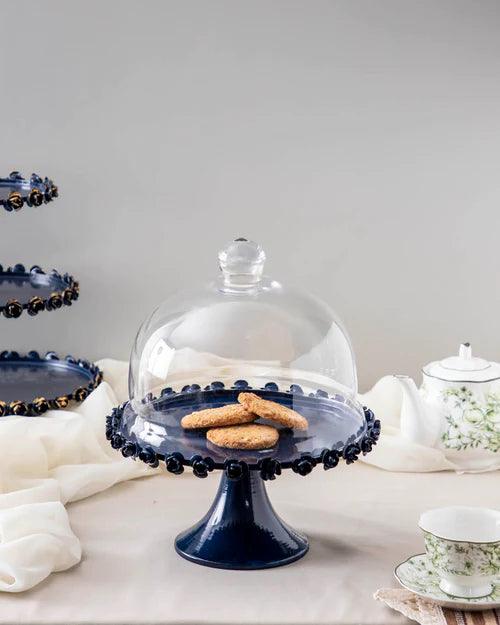 'Roselace' Navy Blue Pedestal Cake Stand with Glass Dome