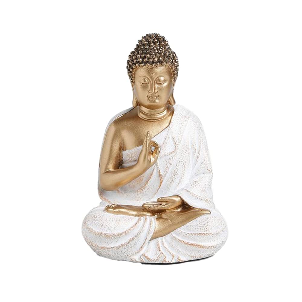 LORD BUDDHA IN BLESSING MUDRA STATUE FOR HOME, GIFT: 14 CM, GOLDEN-WHITE