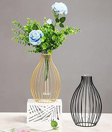 Dome Shape Metal Wire Glass Tube Vase -Black