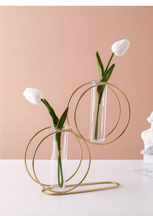 Double Round Metal Wire Glass Tube Vase