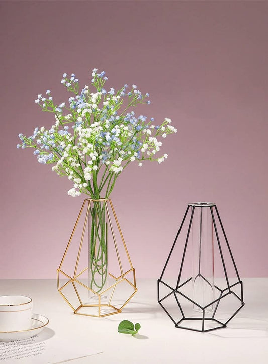 Hex Shape Metal Wire Glass Tube Vase - Black