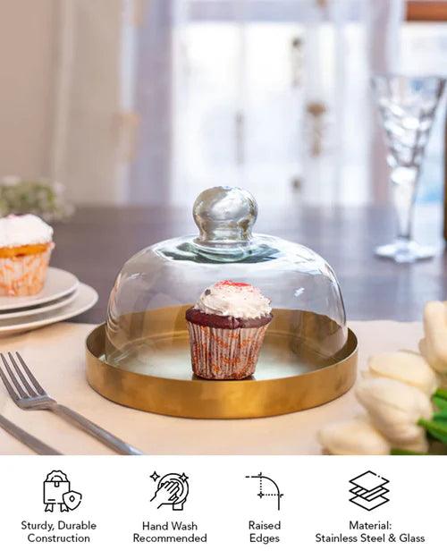 Gold Stainless Steel Cake Plate with Glass Dome