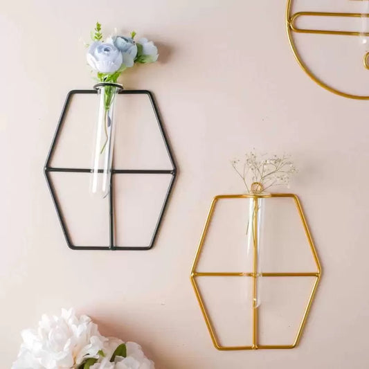 Hanging Glass Planter Vase Gold & Black- Hexagonal set of 2 Iron Vase