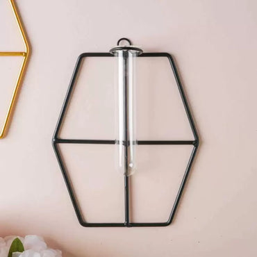 Hanging Glass Planter Vase Gold & Black- Hexagonal set of 2 Iron Vase