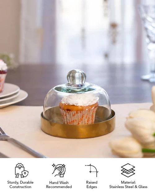 Gold Stainless Steel Cake Plate with Glass Dome
