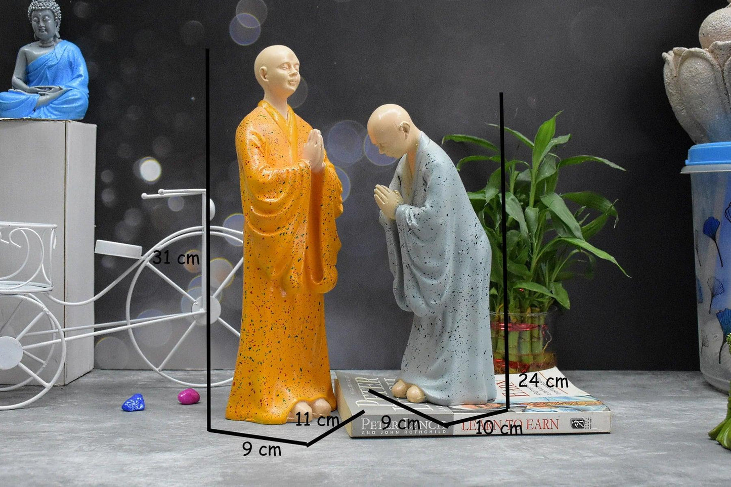 SET OF 2 ZEN MONK STATUE FOR DECORATIONS ,CREATIVE HOME , STUDY DESKTOP, (ORANGE AND GREY)