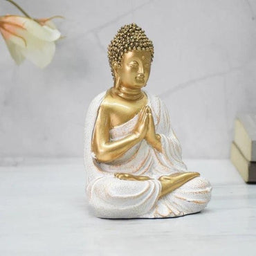 LORD BUDDHA IN NAMASTE MUDRA STATUE FOR HOME, GIFT: 14 CM, GOLDEN-WHITE
