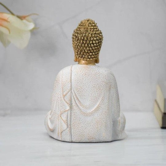 LORD BUDDHA IN NAMASTE MUDRA STATUE FOR HOME, GIFT: 14 CM, GOLDEN-WHITE