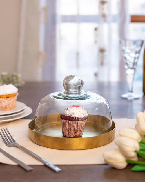 Gold Stainless Steel Cake Plate with Glass Dome