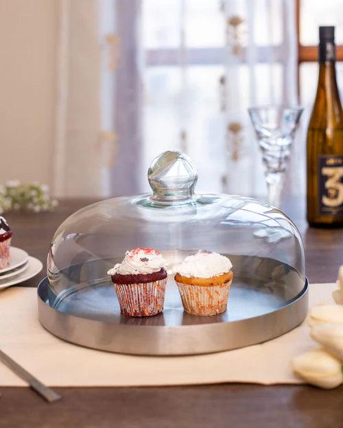 Silver Stainless Steel Cake Plate with Glass Dome