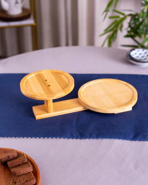 Ceramic Bowl with 2 Tire Wooden Stand - Blue