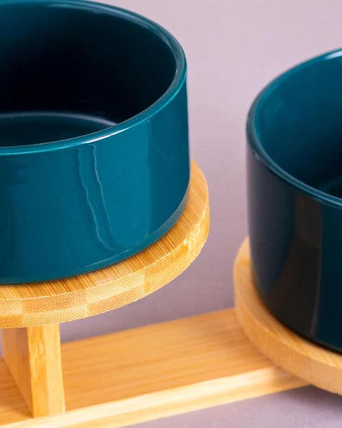 Ceramic Bowl with 2 Tire Wooden Stand - Blue