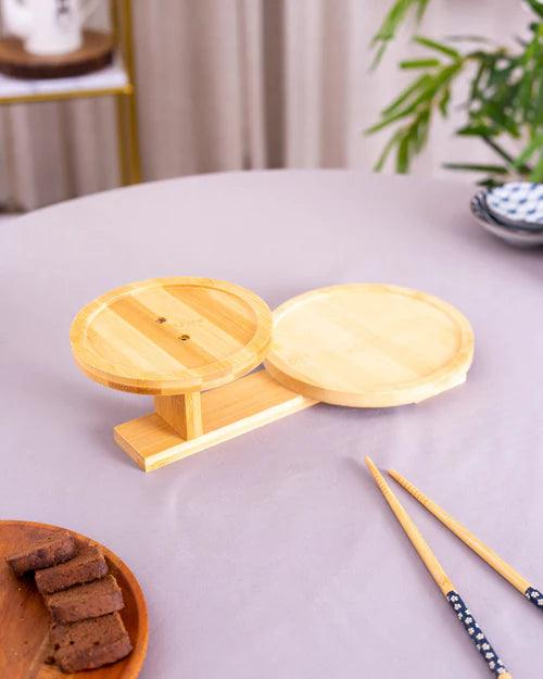 Ceramic Bowl with 2 Tire Wooden Stand - Black