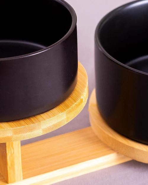 Ceramic Bowl with 2 Tire Wooden Stand - Black