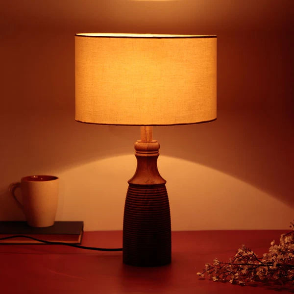 "Cylindrical Ribbed" sheesham wood table lamp with off-white shade