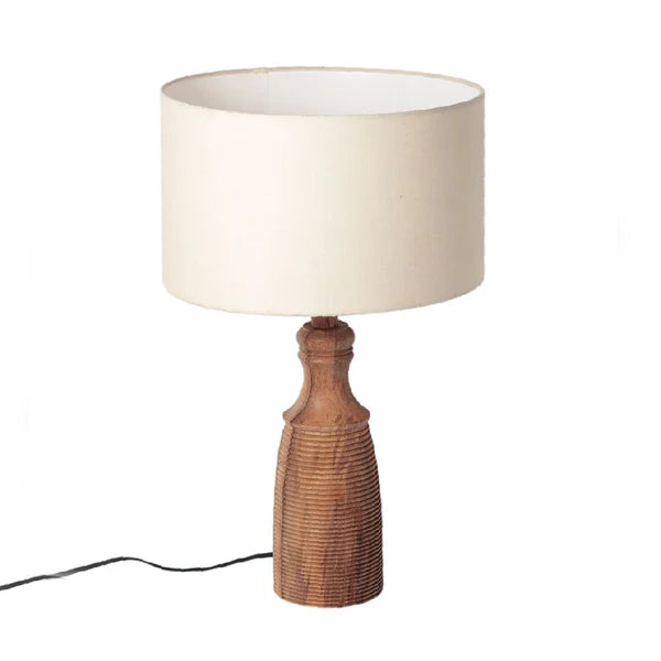 "Cylindrical Ribbed" sheesham wood table lamp with off-white shade