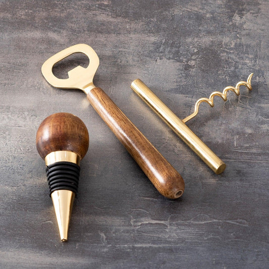 Stainless Steel & Wood Wine Tools in Gold Color