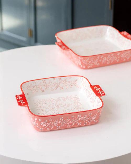 Floral Lace Square Red Baking Dish - Small