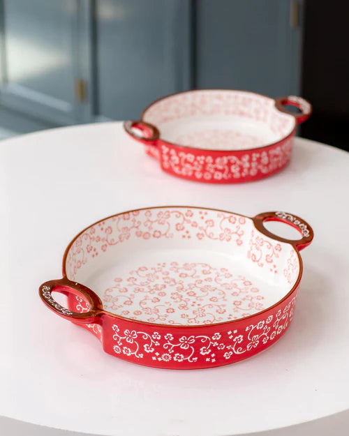 Floral Lace Round Red Baking Dish - Large