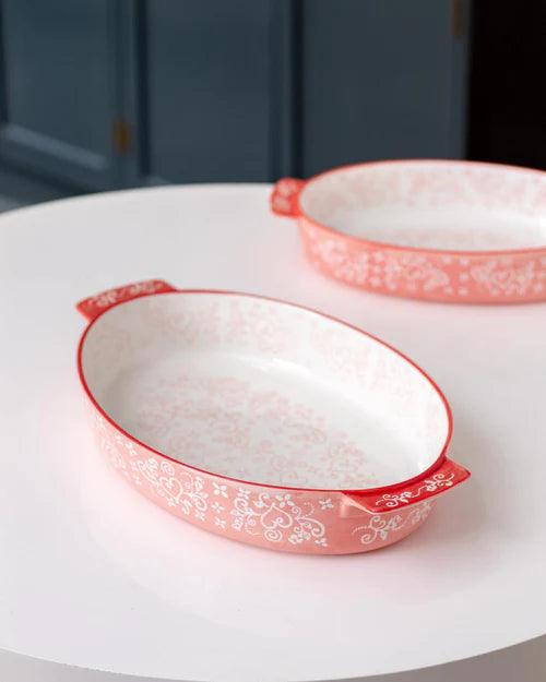 Floral Lace Oval Red Baking Dish - Large