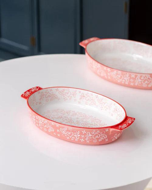 Floral Lace Oval Red Baking Dish - Small