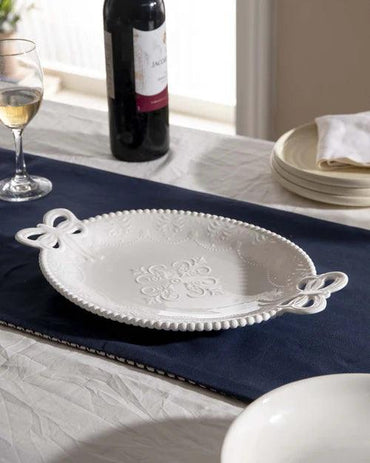 All White Embossed Oval Serving Platter