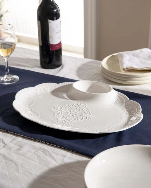All White Embossed Chip n Dip Platter - Large