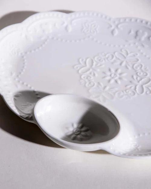 All White Embossed Chip n Dip Platter - Large
