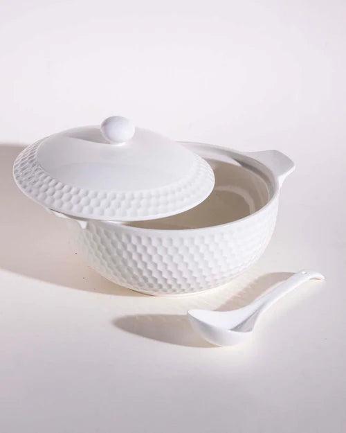All White Dimple Serving Bowl with Spoon