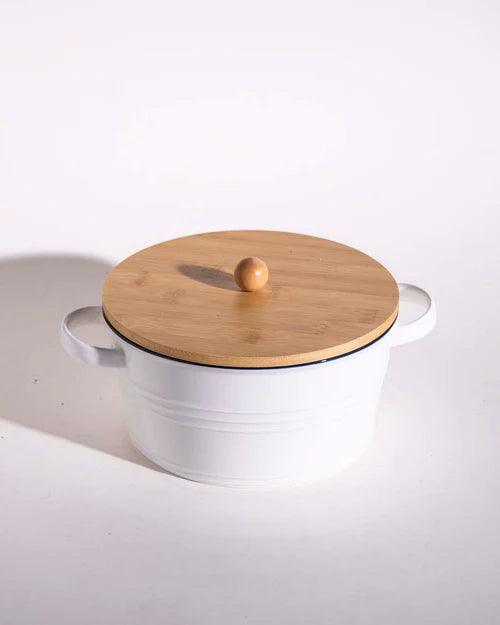 Enameled Buffet Casserole with Wood Lid, White - Large